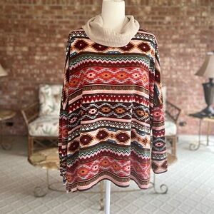 White Birch Aztec Cowl Neck Southwestern Oversized Knit Sweater M
